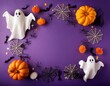 © AustinSANC - happy halloween holiday concept frame of halloween decorations bats ghosts garland spiders on purple background halloween greeting card mockup with copy space