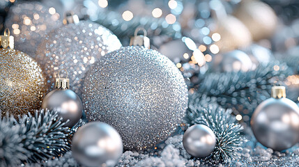 Close-up of Sparkling Silver and Gold Christmas Ornaments with Pine Branches for Elegant Holiday Decor