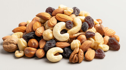 Canvas Print - Close-up of a mixed assortment of nuts and dried fruits, including cashews, almonds, hazelnuts, walnuts, and raisins, on a plain surface.