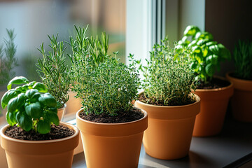 an apartment windowsill herb garden. the dark soil contrasts with the bright green leaves, and the v