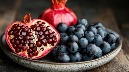 A ceramic plate holding a halved pomegranate and a pile of dark grapes on a rustic wooden table