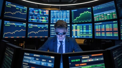 A focused trader analyzing market data on multiple screens in a modern financial environment.