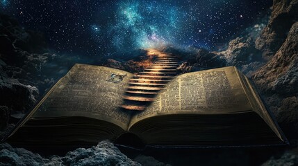 Wall Mural - A hyper-realistic image of a book opened to a page with a drawing of a staircase leading to the light. The background is a night sky with stars, leaving 