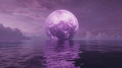 Wall Mural - A large ocean, above the universe and stars, floating on the water this purple planet, with reflections, romantic images, using Cinema4D and octane 