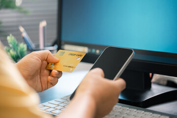 Woman used technology to buy groceries online, making a purchase from an e-business in cyberspace from comfort of her home, using her credit card. online, e-business, shopping, home, technology, buy.