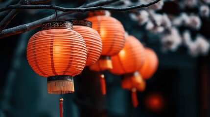 Poster - Close-up of illuminated red paper lanterns hanging on a tree branch with a dark background, creating a warm and festive ambiance.