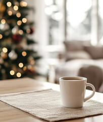 A cup of coffee on the table, cozy home interior with Christmas tree on the background 