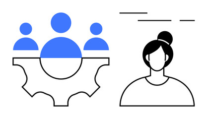 Drawing of three blue people icons inside a gear and a womans head outlined in black. Ideal for teamwork, leadership, user interface, group dynamics, and organizational roles. Simple modern style