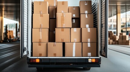 Open delivery truck loaded with numerous cardboard boxes in an industrial warehouse area.