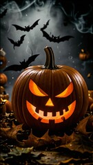 Halloween pumpkin head Jack-o'-lantern with candles on dark background. Halloween background with pumpkin and bats. Halloween concept 