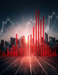 Crumbling stock market graph, red lines plummeting downward with a shadowy city background business crisis concept