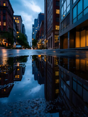 Sticker - Reflections of a rainy city evening showcase illuminated buildings and quiet streets at twilight in an urban landscape