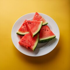 fresh watermelon cut pieces on white plate at yellow background