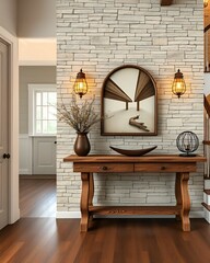 Wall Mural - A rustic entryway features a wooden console table against a stone wall. A framed abstract artwork hangs above the table, flanked by two warm wall sconces. A vase and a decorative bowl adorn the table