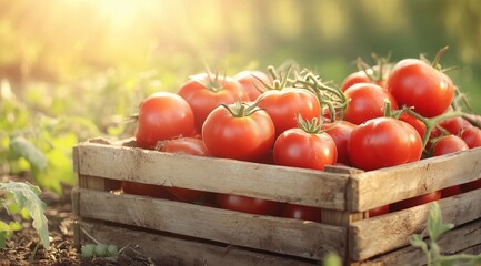 A crate of fresh ripe organic tomatoes in a farmer's garden on a sunny day.