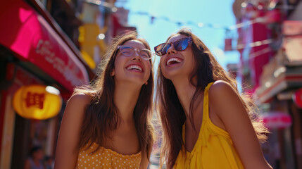 Close-Up Of Two Young Women From Different Cultures, Laughing Together While Walking Down A Vibrant City Street, Midday Sunlight Reflecting Off Buildings