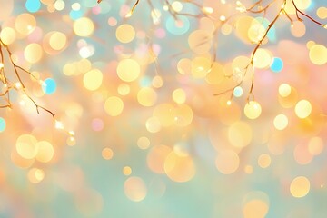 Wall Mural - soft bokeh lights in warm yellow and pastel colors with delicate branches on a blurred background. f