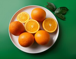 fresh oranges on white plate at green background