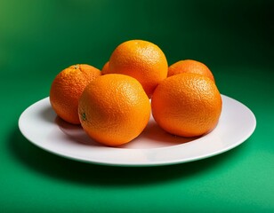 fresh oranges on white plate at green background