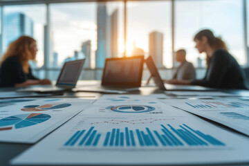 Team of data analysts gathered around a table, analyzing printed charts and using laptops with analytics software. Large windows reveal a city skyline, suggesting a corporate setting. 