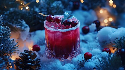 Canvas Print - A rich cranberry cocktail garnished with berries, surrounded by twinkling holiday and snow-covered pine branches,