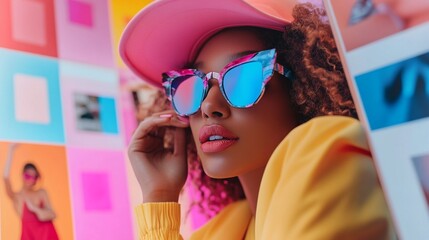 Wall Mural - Vibrant portrait of a stylish woman with curly hair, wearing a pink cap and blue mirrored sunglasses against a colorful background of sticky notes.