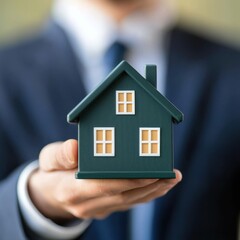 Businessman holding a green miniature house model, indoor setting.