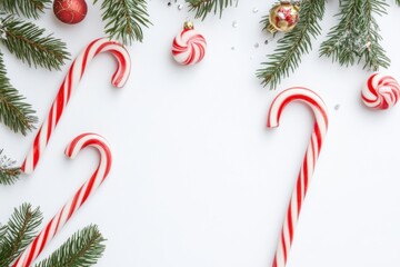 christmas candy canes and festive decorations on a white background.