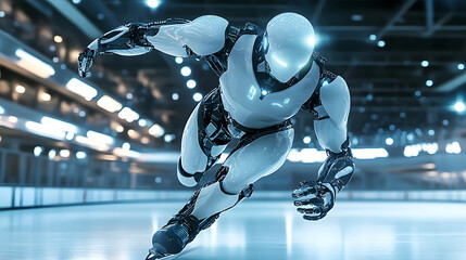 Wall Mural - advanced robot playing sports. high-tech cyborg with humanlike features is skating, ice link game ba