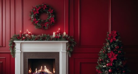 Wall Mural - A cozy Christmas fireplace decorated with a red wreath and festive accents in a warm room