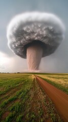 Dramatic tornado forming in a rural landscape under ominous clouds.