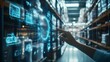 © utaem2022 - Manager using transparent digital touchscreen to control inventory in warehouse
