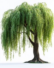 A large willow tree with long, drooping branches and detailed leaves, isolated on white background 