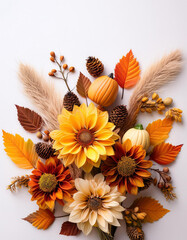 Fall flower bouquet with autumn decor decorations and flowers on white background banner.