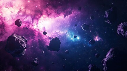 Wall Mural - a space scene with an asteroid belt, a dark background, bright lights, and colorful nebulae in the s