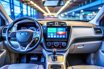 A car dashboard with a large screen and a steering wheel