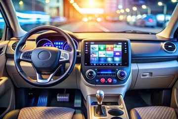 A car dashboard with a large screen and a steering wheel