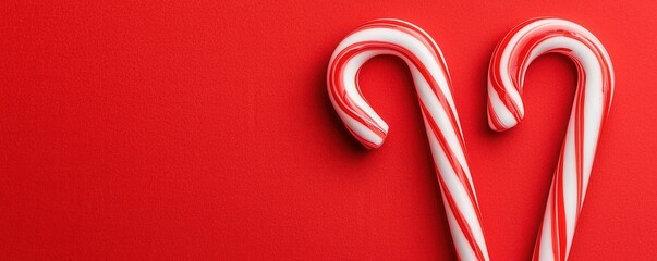 Two candy canes arranged in a heart shape on a vibrant red background.