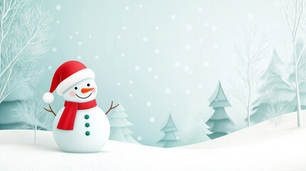 A snowman wearing a Santa hat standing in a snow-covered forest, with soft shades of blue and white blending into the background, whimsical illustration cartoon style