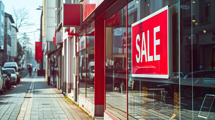 Picture of shop at fashion store window display with text SALE on red poster in the shopping mall. Sale concept Sale sign in a shop window and people in street in background. AI 