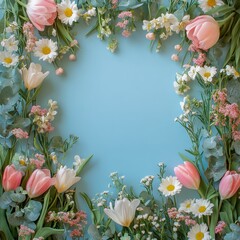 Poster - Pastel floral arrangement with pink tulips, daisies, and greenery on a light blue background