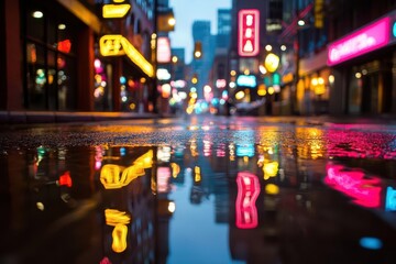 Wall Mural - a close up shot of wet pavement reflecting the bright colorful lights of a city street at night. the