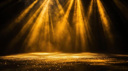 Wall Mural - golden light rays on a black background with glitter perfect for product displays overlays and desig