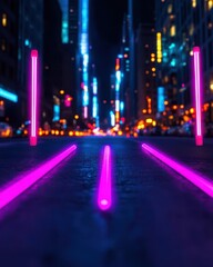 Wall Mural - neonlit city street at night with vibrant glowsticks illuminating the scene, urban nightlife in a fu