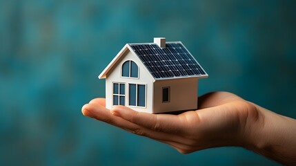 A detailed closeup of a hand delicately holding a miniature model of a house adorned with solar panels, symbolizing sustainable living and environmental consciousness against a bright