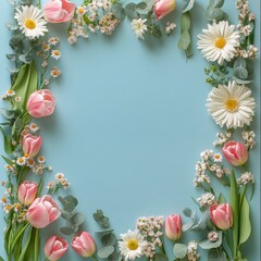 Poster - Pastel floral arrangement with pink tulips, daisies, and greenery on a light blue background