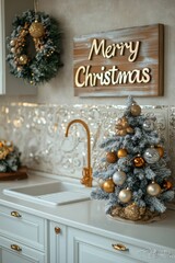 Wall Mural - Cozy Christmas kitchen decor featuring a festive wreath and small tree with golden accents