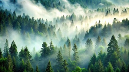 Misty landscape with pine forest close-up