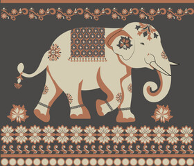 Ikat Thai elephant traditional ethnic pixel pattern, ornament, textile illustration design for wrap, textile, silk, fabric