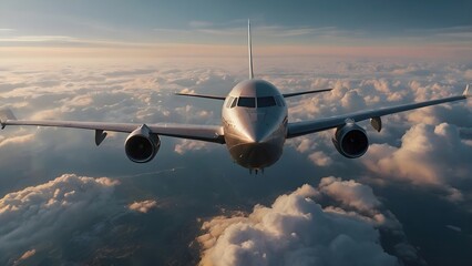 A passenger plane flying through a bright sky, surrounded by soft, white clouds, creating a serene aerial view